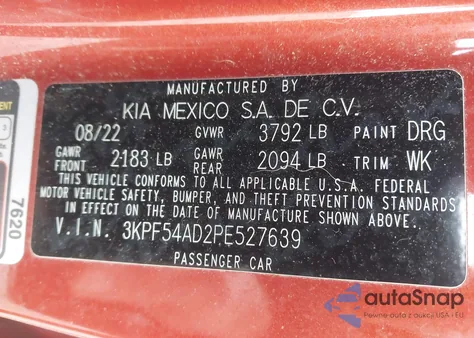 2023 Kia Forte Gt-Line z USA, uszkodzony, nr VIN 3KPF54AD2PE527639